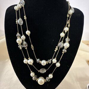 Elegant Tiered Mixed Bead Necklace Faux Pearl Smoky Sparkling Gold Tone Formal